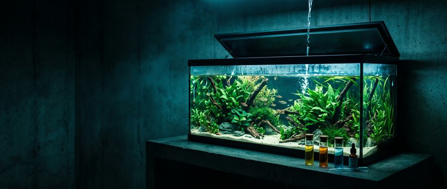 Открытая крышка аквариума, струя свежей воды и тесты воды на тумбе